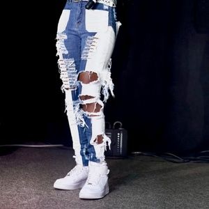 NEW DISTRESSED RIPPED APHRODITE BLUE JEANS WITH WHITE CUSTOM DESIGN